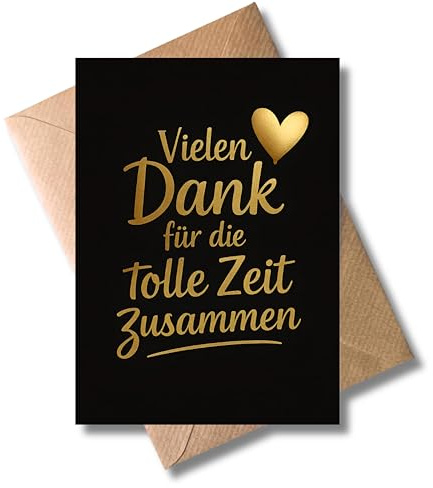 WBdesignz Herzliche Dankeskarte mit Umschlag - „Vielen Dank für die tolle Zeit zusammen“ goldener Spruch & Herz auf schwarzem Hintergrund - Dankeschönkarte für Kolleginnen, Freunde & Familie (DIN A6)