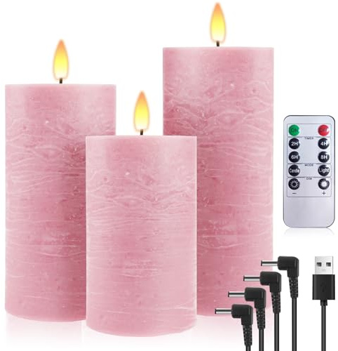 PinnWaa LED Kerzen, 3 wiederaufladbare Stumpenkerzen aus Echtwachs, Rosa | 10-Tasten-Fernbedienung, Timer 2/4/6/8 Std, realistisch flackernde Flamme, warmes Licht, Stumpenkerzen für Weihnachtsdeko