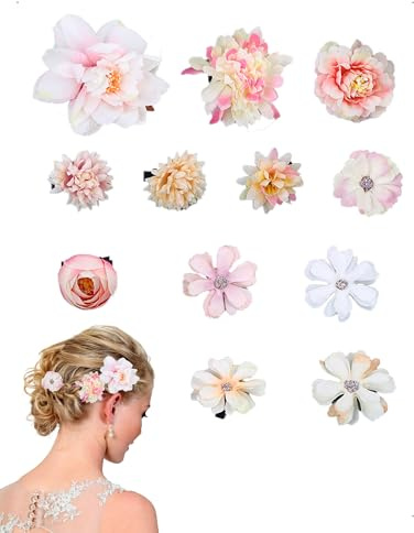 KONFEN 12PCS Fermaglio fiore artificiale bohémien, molletta fiore capelli, spille capelli floreali accessori acconciature donne e ragazze spiaggia festa matrimonio vacanze alle Hawaii, bianco rosato