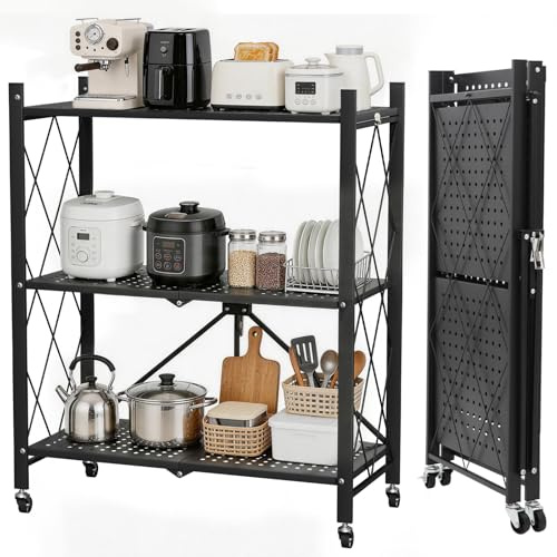 Scaffale Portaoggetti Pieghevole a 3 Ripiani con Ruote, 340x720x890 mm, Scaffale in Metallo Pieghevole Robusto Senza Montaggio, Scaffalatura Alta Portata, Ideale per Garage, Cucina 90,7 kg