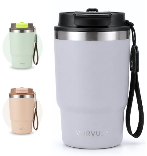 Vaso Termico 470ml de Acero Inoxidable 3en1 con Pajita y Tapa Antifugas | Taza termica con correa Integrada, reutilizable y sin BPA. Termo cafe para llevar con doble pared para frío y calor.