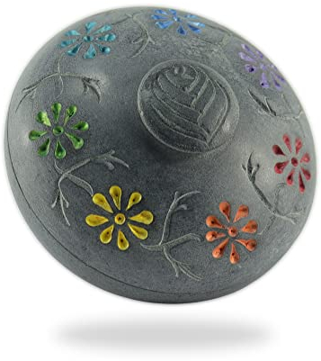 Budawi® Räucherschale aus grauem Speckstein – Ø 9 cm – mit Buntem Blüten-Deckel – Schmuckdose & Räucherstäbchenhalter – vielseitig nutzbar