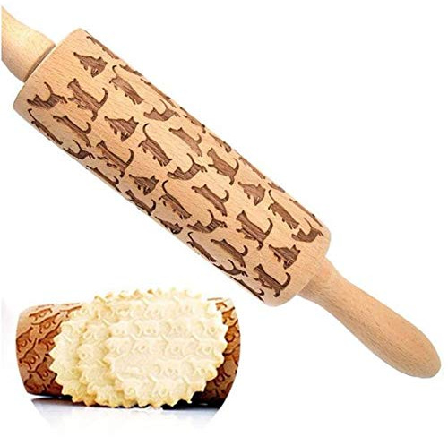 Nudelholz mit Katzenmotiv-Prägung, 34 cm, Holz, ideales Einzugsgeschenk