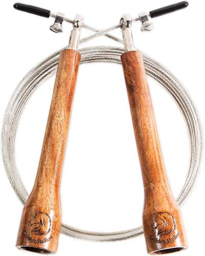 Golden Stallion Springseil Speed Rope Fitness, Crossfit, Boxen, MMA, WODs - Speed Rope mit Holzgriff und Kugellager - schnell und perfekt für Double Unders - einstellbare Länge - inkl. Ersatzschnur