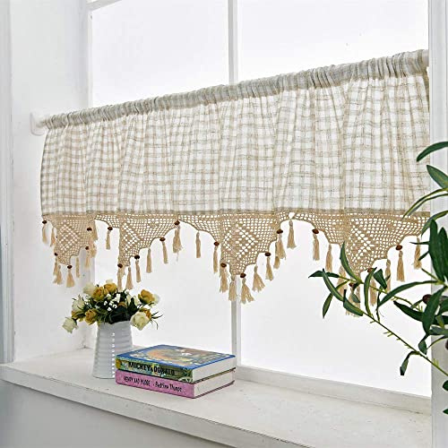choicehot Häkelgardinen Kurzgardinen Leinen 60cm Hoch - Bistrogardine Landhausstil Gardinen mit Quaste Beige Fensterschal Vintage Gitter 60×150cm (H×B) 1Stück