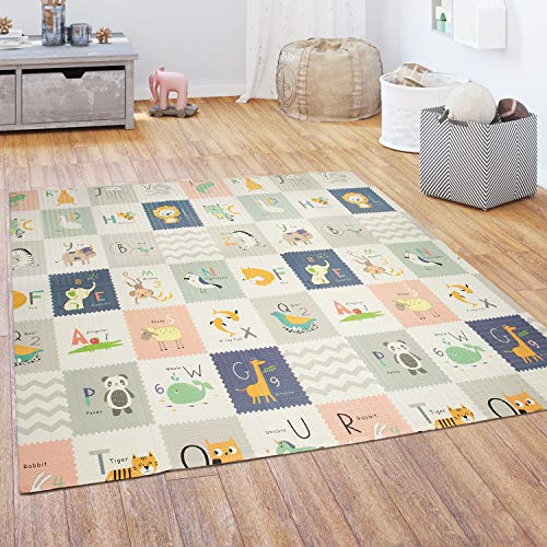Paco Home Spielmatte Krabbelmatte Baby Kinder Matte Faltbar Abwischbar Wendbar Tier Motiv, Grösse:180x200 cm, Farbe:Weiß