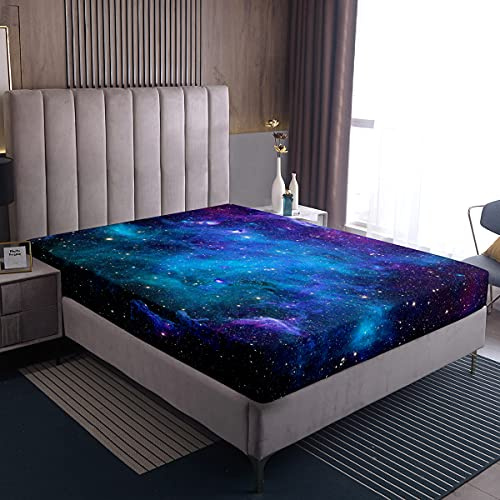 Galaxis Serie Spannbetttuch Blau Lila Sternenhimmel Bedrucktes Dekor Bettwäsche-Sets für Frauen Teenager-Jungen Universum Weltraum-Thema Spannbetttücher Nebel Galaxis-Bettwäsche-Dekor-Set, 140x200