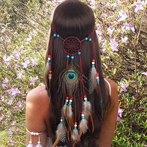 IYOU Indisch Pfau Stirnband Hippie Boho Feder Kopfschmuck Haarband 1920er Jahre Kopfkette Haarschmuck Maskerade für Damen