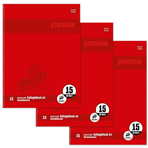 Staufen Premium Collegeblock - DIN A4, Lineatur 15 (Notenlineatur), 50 Blatt, 4-fach Lochung, 90g/m² Premium Papier, 3 Stück