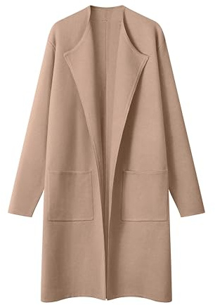 MEROKEETY Women's Open Front Coatigan Sweater Long Sleeve Casual Knit Lapel Cardigan Coat with Pockets, Khaki, Large