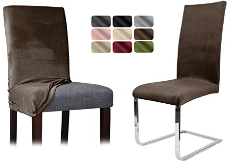 BEAUTEX Stuhlhussen Sets, Samt Mikrofaser Stuhlbezug, elastische Stretch Husse, Set -Größe und Farbe wählbar (Braun 8er Set)