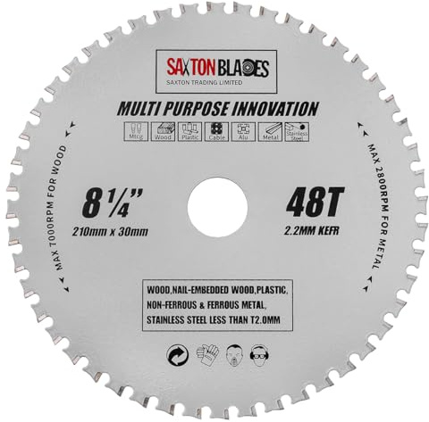 TCT21048TMPT Saxton TCT Multi Purpose Innovation Circular Saw Blade 210mm x 48T Wood and Metal fits Bosch Dewalt Ryobi Makita etc