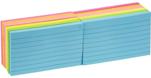 960 Sheets Große, linierte Haftnotizen, 76 x 127 mm, 6 brillante Farben, sortiert, Querformat, liniert, selbstklebend, 80 Blatt/Block, 12 Blöcke