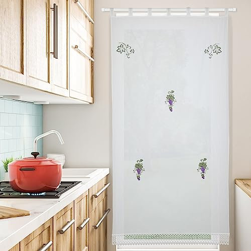 HOMEYA - Cortina Cocina Translúcida 150x220cm - Cortina con Bordados de Uvas ,Para Cocina,Comedor, Marco de puerta - 1 Unidad color Blanco,100% Poliester