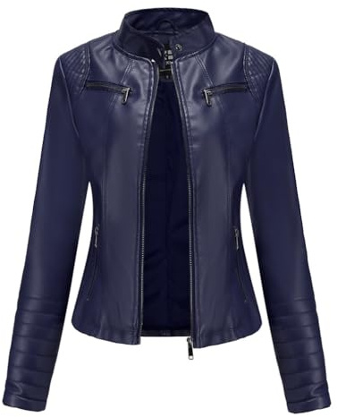 PengGengA Femme Veste en Cuir PU Bombers Aviateur Moto Blouson Simili Cuir Biker Zippé Casual - Bleu foncé, M