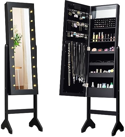 COSTWAY Schmuckschrank, LED Schmuckregal mit Ganzkörperspiegel und kleinem Schminkspiegel, Schmuck Spiegelschrank neigungsverstellbar für Makeup (Schwarz)