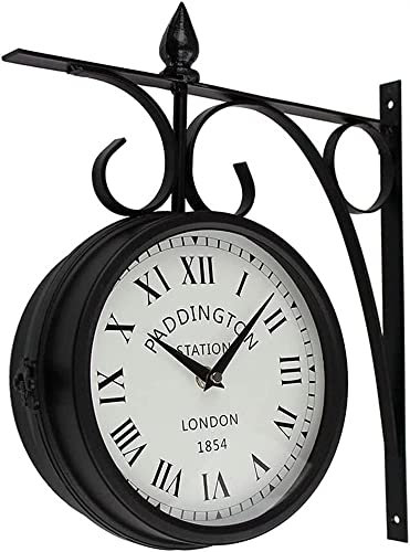 Antik Retro Bahnhofsuhr 360 ° rotierende Metallwanduhr, europäische doppelseitige Hängeuhr, stille, nicht tickende Vintage Retro-Ornament Innen-/Outdoor Grand Central Station Wall Clock Wanduhr Doppel