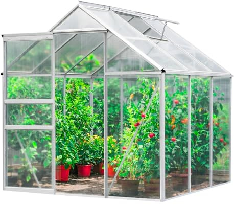 TERRE JARDIN Serre de Jardin Aluminium et Polycarbonate 3,6 m² | Serre spacieuse de 3,6 m² en aluminium inoxydable et polycarbonate 6 mm anti-UV, porte coulissante et fenêtres intégrées