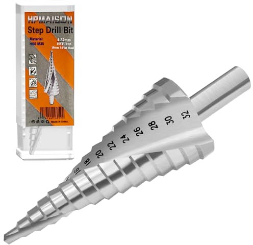 HPMAISON M35 Kobalt Stufenbohrer, 10mm 3-Flach-Schaft HSS 5% Cobalt Stufenbohrer (4-32mm, 15 Stufen) Silberne Spirale gerillt Kegel Bohrer Loch Fräser für Edelstahl, Hartes Metall, Holz, Kunststoff