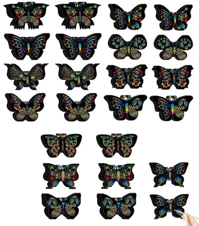 TPZORJX 24 Stück Kratzbilder Schmetterling - Kratzpapier Set Basteln Kratzbilder Scratch Paper Painting Art Kinder Regenbogen Kratzpapier für Kindergeburtstage DIY Geburtstagsfeier