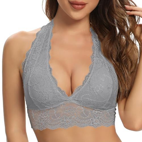 SHEKINI Reggiseno con allacciatura al collo Bralette Donna Pizzo Fiori Bustier Crop Top Reggiseno Triangolare senza Ferretto Imbottitura Rimovibile Reggiseno Scollatura Profonda Corset Top Biancheria