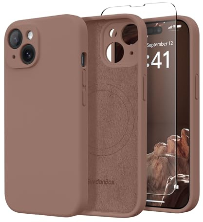 SuydanBox Magnetisk för iPhone 15-fodral, kompatibel med MagSafe, [2 skärmskydd + fullt kameraskydd], silikon stöttåligt reptåligt skyddande telefonfodral för iPhone 15 6,1 tum, brun