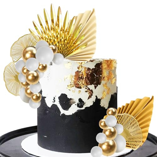 Xsstarmi Confezione da 33 ventagli in carta dorata a forma di palma, decorazione per torte, stile bohémien, foglie di ginkgo, decorazioni per torte fai da te per baby shower, matrimoni, addio al
