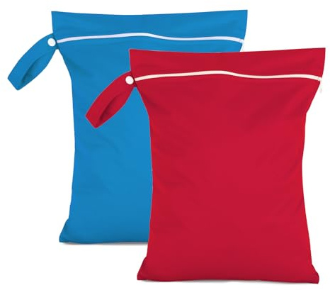 Moorle 2 bolsas húmedas de 40 x 30 cm, bolsa de lavandería impermeable azul y rojo, reutilizable de viaje, bolsa húmeda con cremallera, bolsa húmeda pequeña para nadar para trajes de baño, toallas de
