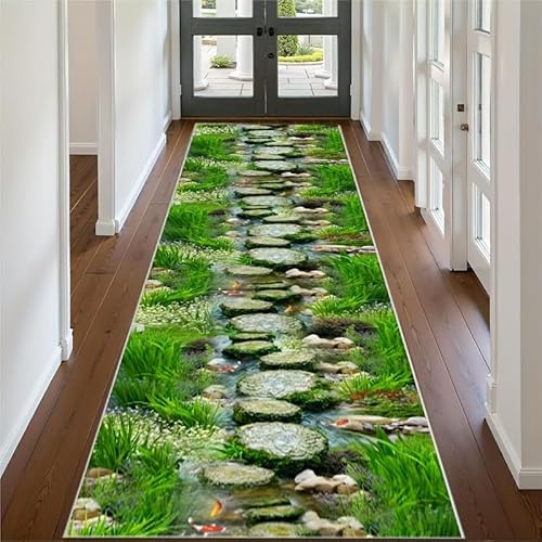 SMXVRC 3D Stream Long Hallway Rug Runners, 80x220cm, Stream Carp Green Grass Runner Rugs, Soft Cozy Machine Washable Floor Carpet, Easy Clean Dirty Resistant Printed Mat for Study Room Office