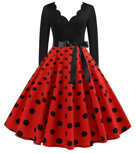 Duohropke Abiti Rockabilly da Donna, Anni 50-60, a Pois, Vestito Vintage, Stile Swing, da Cerimonia, Lunghezza al Ginocchio, con Scollo a V, Tunichetta, Abito da Festa, da Ballo, con Gonna a Pieghe