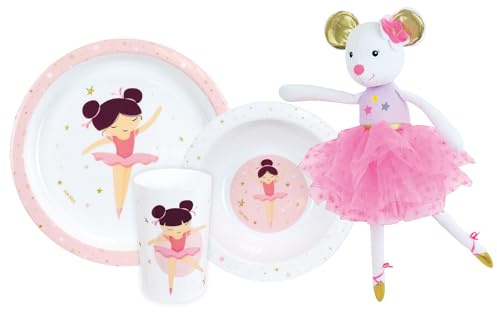 Fun House | Set Vaisselle Ballerine | Assiette + Assiette Creuse + Gobelet + Peluche Musicale Souris Danseuse | Apprentissage Repas | Vaisselle Réutilisable | Micro-Ondable | Cadeau 36 Mois +