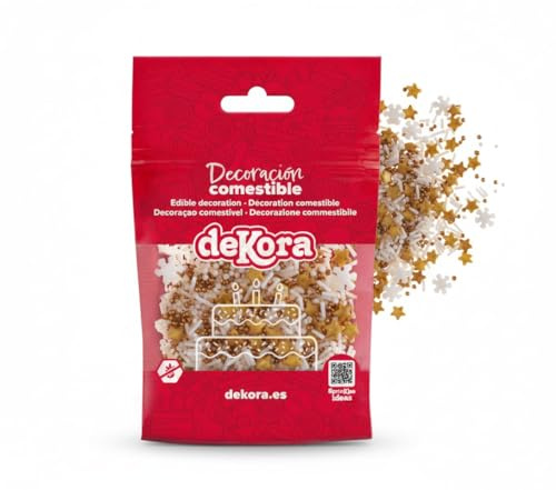 dekora – Sprinkle Mix Fiocchi e Stelle Oro e Bianco 100g – Decorazioni Natalizie Eleganti per Torte e Cupcake – Glitter Commestibili per Torte – Senza Glutine e Lattosio