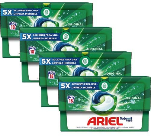 Ariel Pods Todo en 1 Original, Pack 4 x 18 Cápsulas (72 Lavados), Detergente en Cápsulas para Lavadora