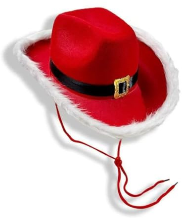 Weihnachten Feder Kappe Santa Cowboy Hut Erwachsene - Rot Filz Weihnachten Cowboy Hut mit Pelzbesatz, Gürtel und Kinnkordel - Neuheit Festliche Western Xmas Party Kostüm Accessoire (rot)