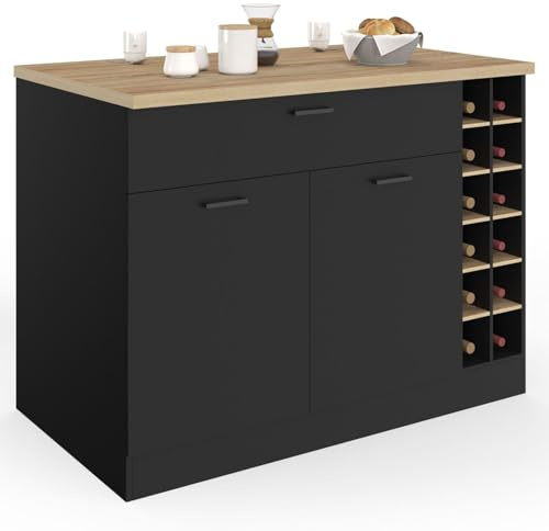 IDMarket – Ilot Central George con portabotellas armario y cajón de madera negra con encimera de haya