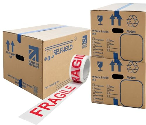 10 Double Wall Cardboard Packing Removal Moving House Boxes Large 58cm x 42cm x 35cm (23 x 17 x 14) with Printed Room Checklist, Carry Handles and 66 Metres Fragile Tape | Made in Britain