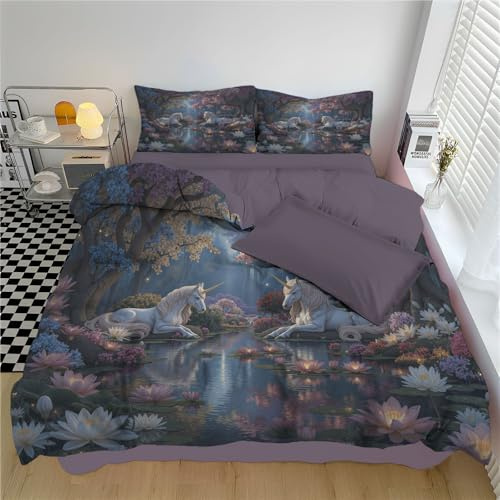 DLERFLOVR Forêt Magique Parure de Lit 200x200cm avec 2 Taie Oreillers 65x65 cm Housse de Couette Nénuphar Et Cheval Blanc Douce Parure de Linge de Lit pour 2 Personnes avec Fermeture Éclair, Violet