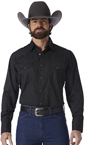 Wrangler Mens Sport Western Two Pocket Long Sleeve Snap Button Down Shirts, Black, Medium US