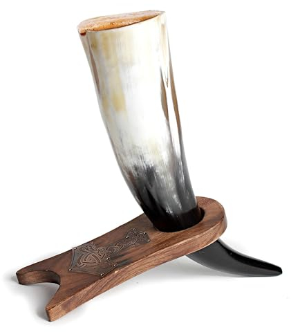 Norse Tradesman Cuerno para beber con soporte de madera (Pulido, 30 cm)