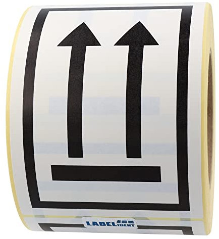 Warnetiketten 100 x 150 mm - Paket Aufkleber Doppelpfeil - Hier oben/Diese Seite nach oben/This side up - 500 Versandaufkleber auf 1 Rolle(n), Papier weiß-schwarz