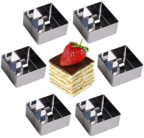 OnePine Stainless Steel Cooking Rings Dessert Rings Mini Cake and Mousse Ring Mould Set with Pusher - Square Shape, 6pcs/Set