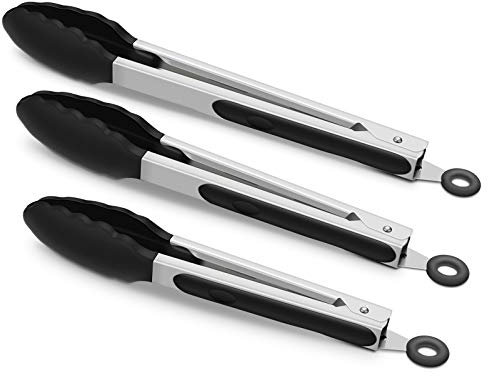 3 Pack Black Kitchen Tongs, Premium Silicone BPA Free Non-Stick Stainless Steel BBQ Cooking Grilling Locking Food Tongs, 9-Inch 10-Inch & 12-Inch