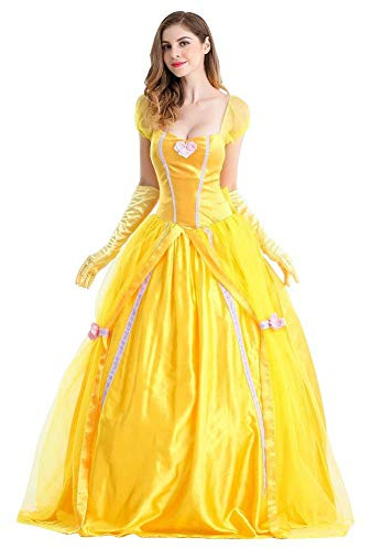 IWEMEK,Vestido de princesa para mujer, vestido de princesa, disfraz de adulto, disfraz de Halloween, carnaval, disfraz de la Bella y la Bestia, largo clásico, vestido de noche con guantes amarillo M