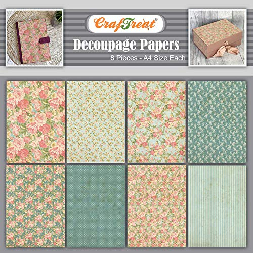 CrafTreat Blommigt decoupage-papper för hantverk – miniblommor – storlek: A4-8 st – blomma decoupage-papper för trä, möbler och scrapboking