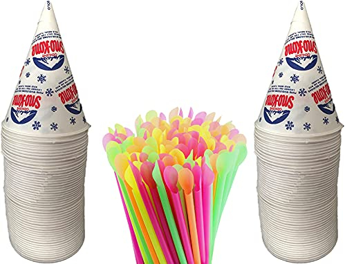 Concession Essentials 200 Count 6oz Snow Cone Cups with 200 8 Neon Spoon Straws