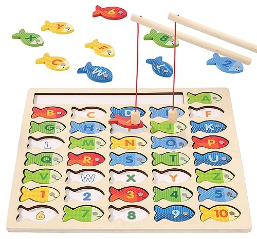 Diaodey Wooden Magnetic Fishing Game for Toddlers, Montessori Fine Motor Skills Toy with Letters and Numbers, Preschool Learning ABC and Puzzle Educational Toys Gift for 3 4 5+ Year Old Kids(2 Poles)