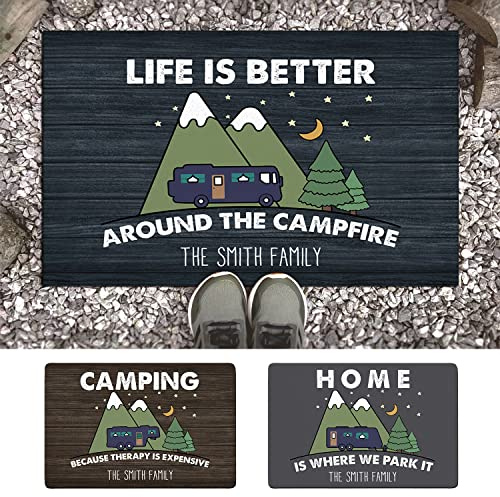 Personalized Happy Campers RV Doormat - Custom Family Name Home is Where We Park It Camping Door Mat, Accessories for Inside Outside, Welcome Our Campsite Decorations, Travel Trailers Motorhome Rugs