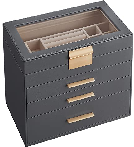 SONGMICS Scatola Portagioie, 4 Livelli, Coperchio in Vetro, 3 Cassetti, Porta Gioielli, Occhiali da Sole e Accessori Grandi, Moderno, Grigio e Dorato JBC161C01