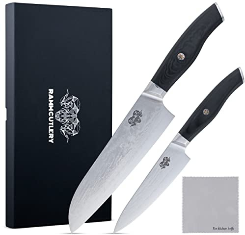 RAMM CUTLERY Damascus Steel Knife Set - 7 Inch Santoku & 5 Inch Carving Knives, AUS-10 Japanese Steel, 67 Layers - Ideal for Slicing, Chopping, and Professional Kitchen Use