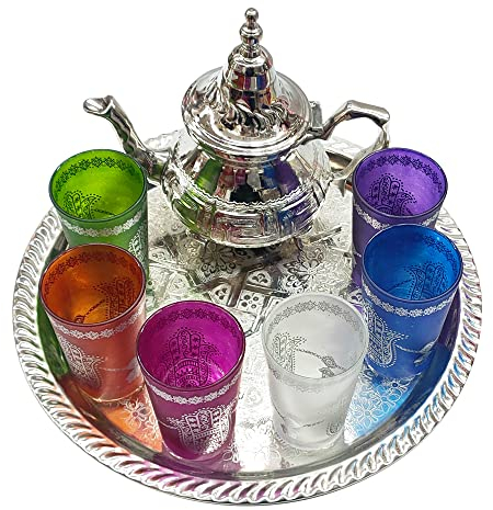 Ensemble de thé traditionnel marocain complet théière 350 ml plateau 28 cm avec 6 verres en verre avec gravures traditionnelles de la main de Fátima